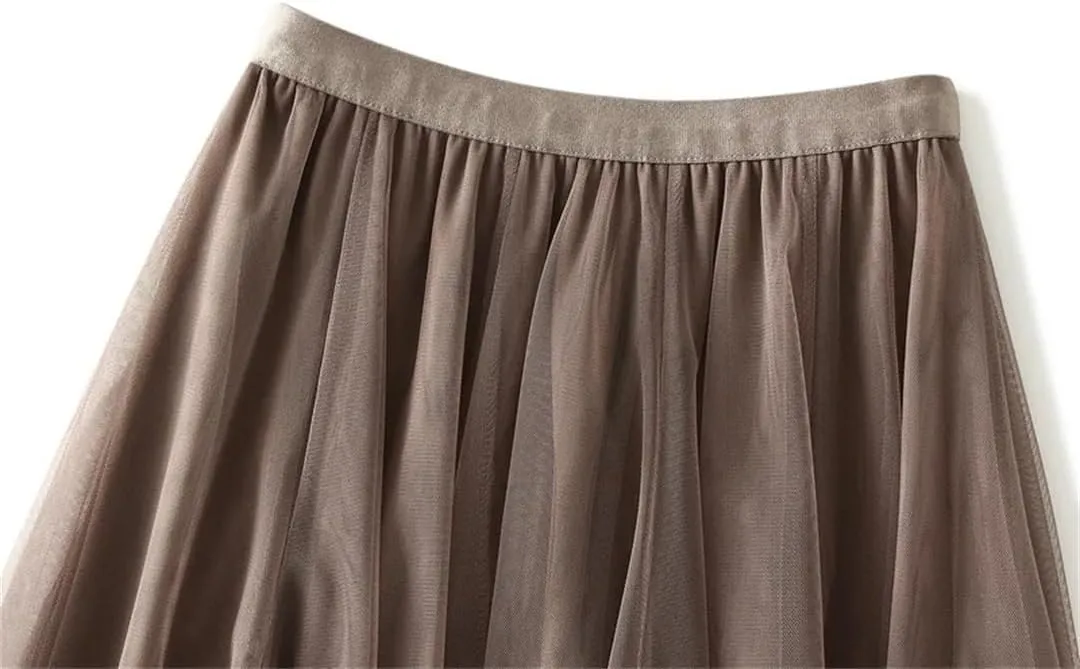 Women Pleated Maxi Tulle Skirt High Waist Long Skirts Solid Color Elastic Waist Skirts