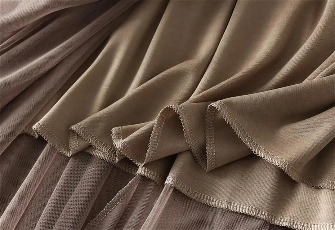 Women Pleated Maxi Tulle Skirt High Waist Long Skirts Solid Color Elastic Waist Skirts