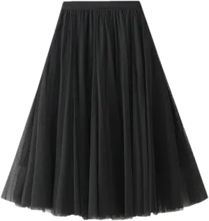 Women Pleated Maxi Tulle Skirt High Waist Long Skirts Solid Color Elastic Waist Skirts