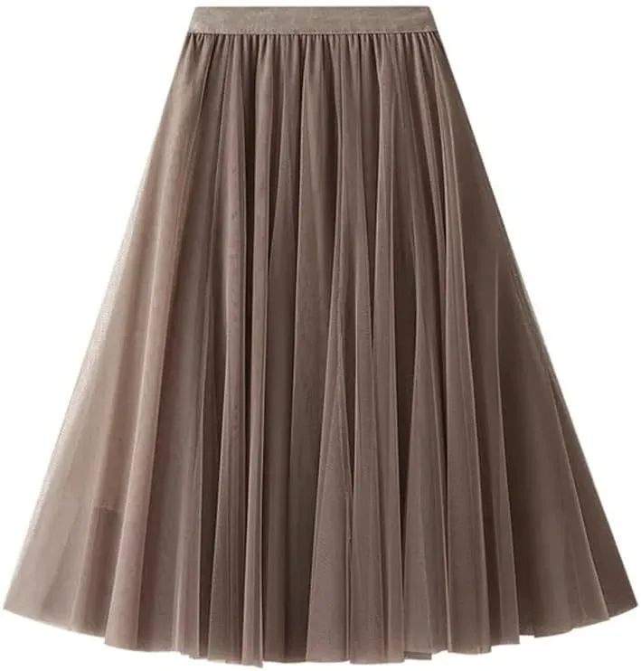 Women Pleated Maxi Tulle Skirt High Waist Long Skirts Solid Color Elastic Waist Skirts