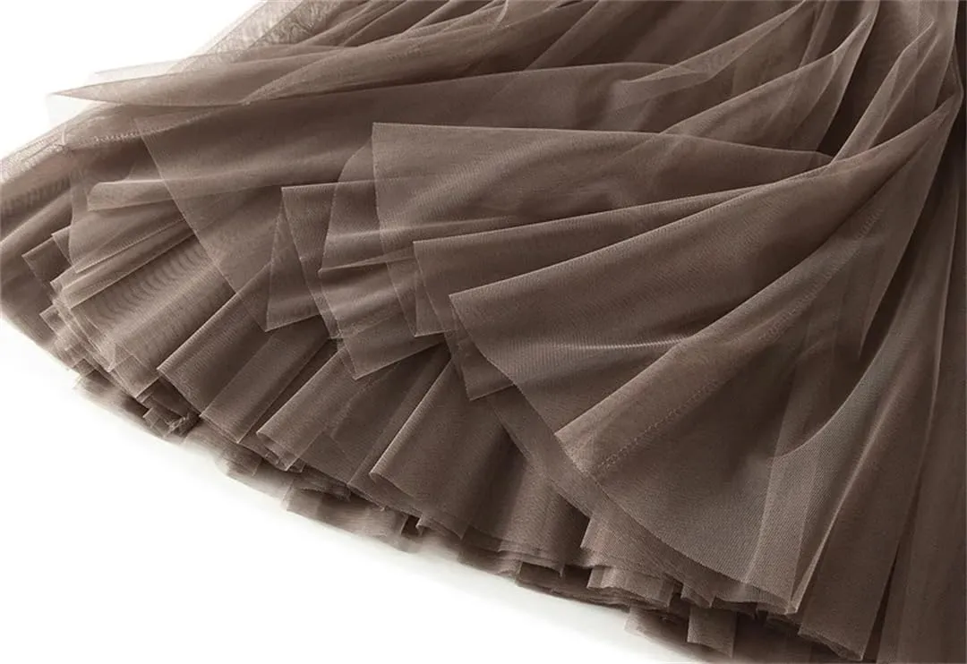 Women Pleated Maxi Tulle Skirt High Waist Long Skirts Solid Color Elastic Waist Skirts