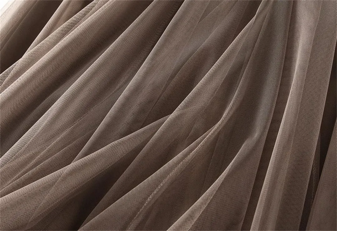 Women Pleated Maxi Tulle Skirt High Waist Long Skirts Solid Color Elastic Waist Skirts