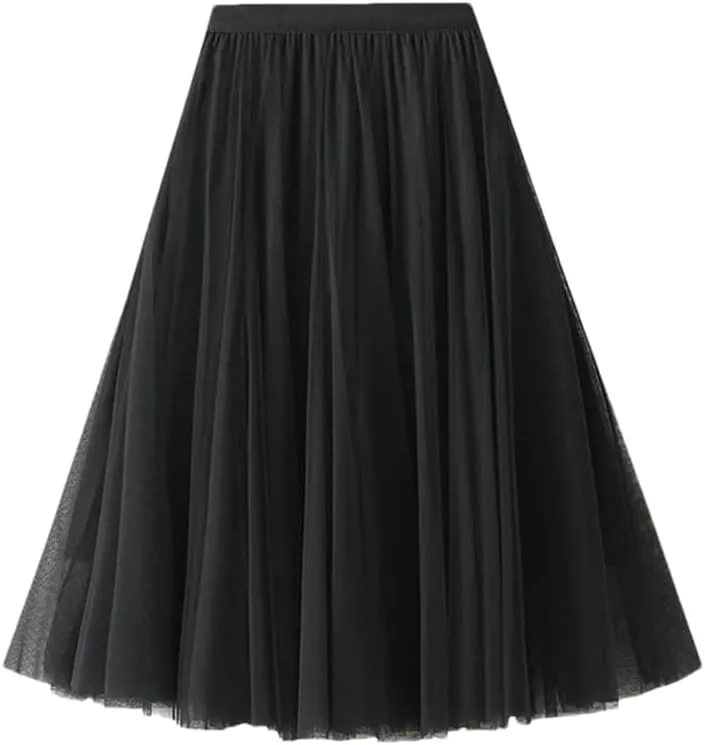 Women Pleated Maxi Tulle Skirt High Waist Long Skirts Solid Color Elastic Waist Skirts