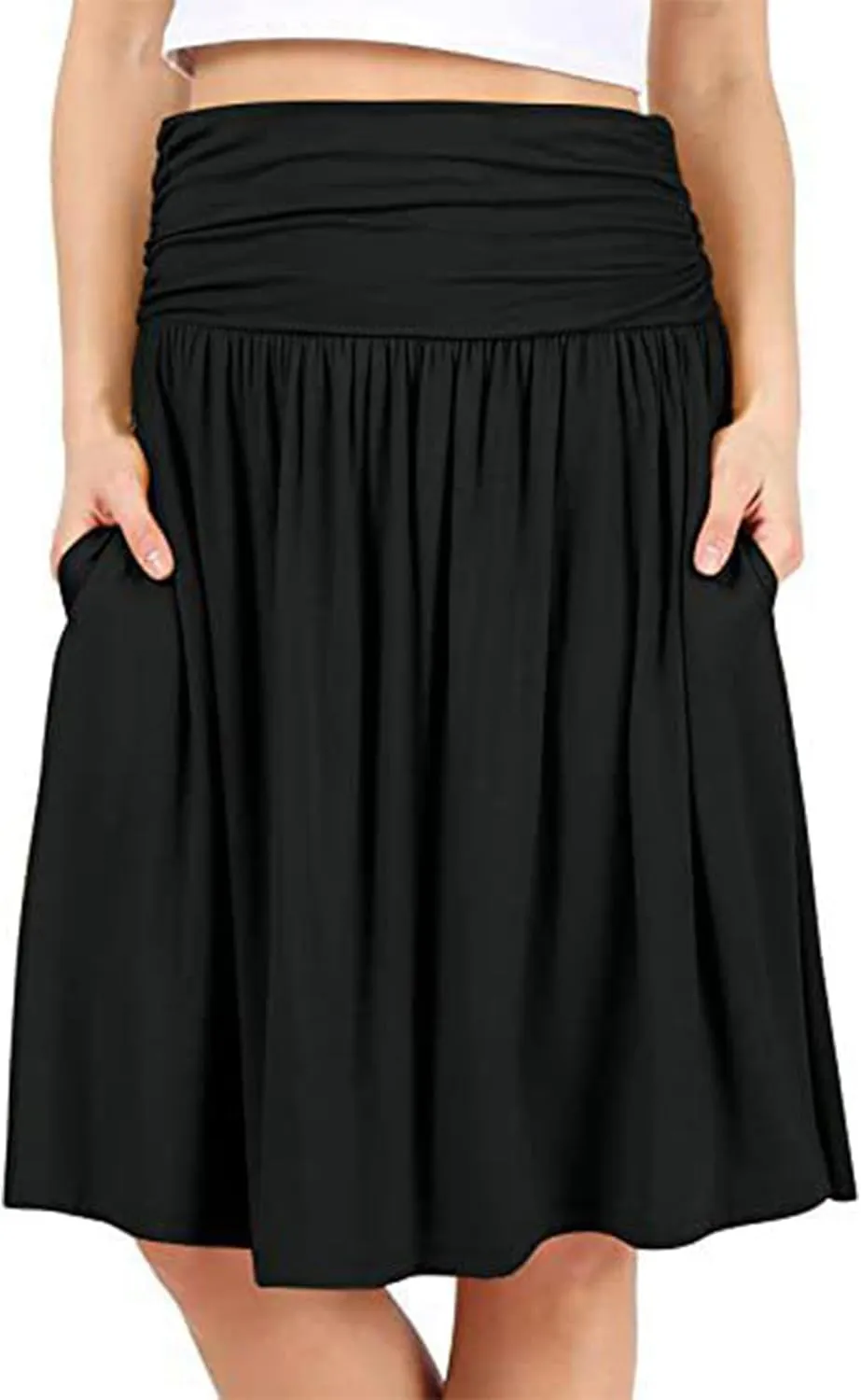 Women Plus Size Skirts with Pockets Below The Knee Length Ruched Skirts Flowy Stretchy High Waisted Midi Skirts