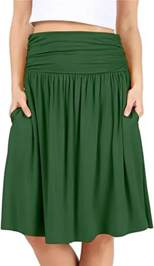 Women Plus Size Skirts with Pockets Below The Knee Length Ruched Skirts Flowy Stretchy High Waisted Midi Skirts