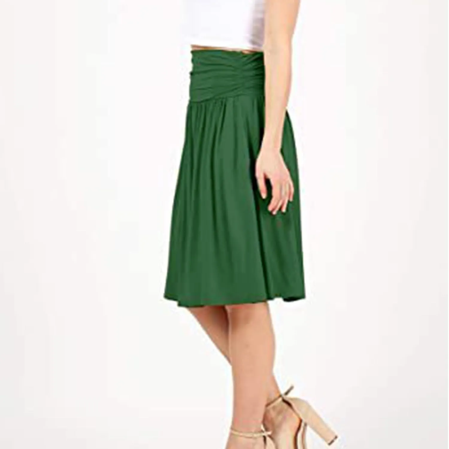 Women Plus Size Skirts with Pockets Below The Knee Length Ruched Skirts Flowy Stretchy High Waisted Midi Skirts