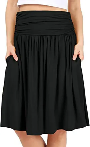 Women Plus Size Skirts with Pockets Below The Knee Length Ruched Skirts Flowy Stretchy High Waisted Midi Skirts