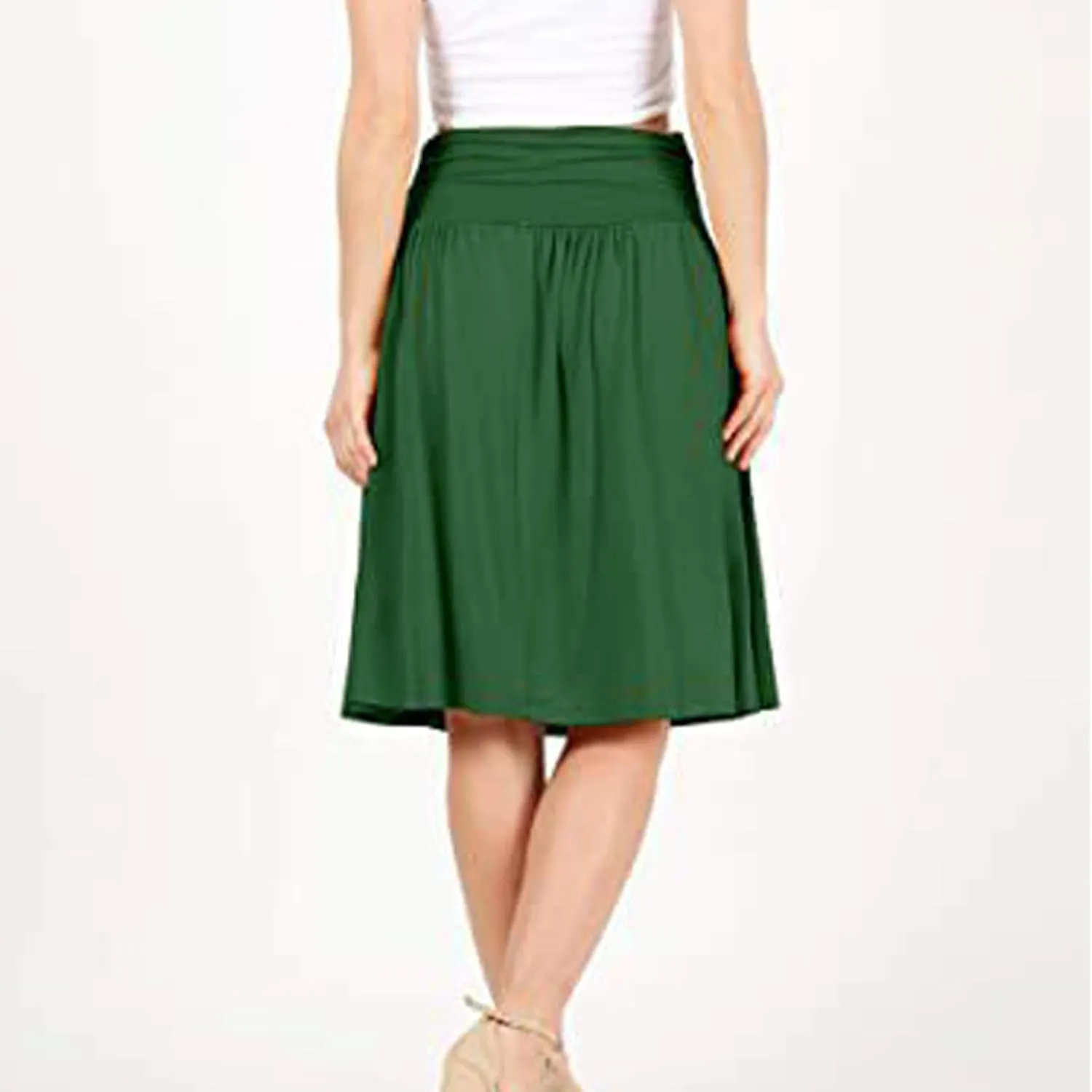 Women Plus Size Skirts with Pockets Below The Knee Length Ruched Skirts Flowy Stretchy High Waisted Midi Skirts