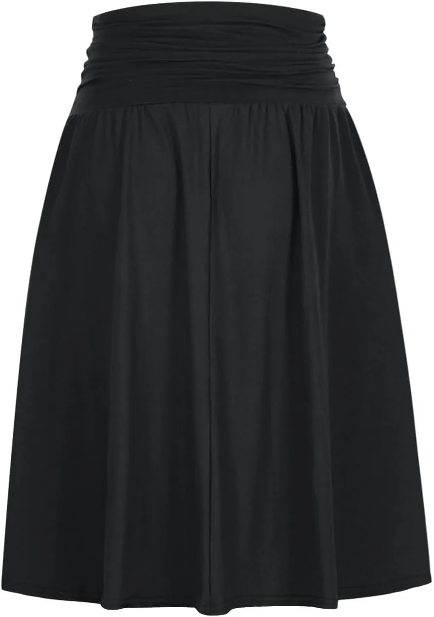 Women Plus Size Skirts with Pockets Below The Knee Length Ruched Skirts Flowy Stretchy High Waisted Midi Skirts