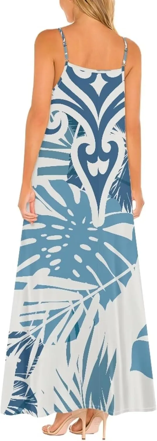 Women Polynesian Traditional Samoan Sling Hawaiian Dress Puletasi Adjustable Spaghetti Strap Casual Maxi Dresses