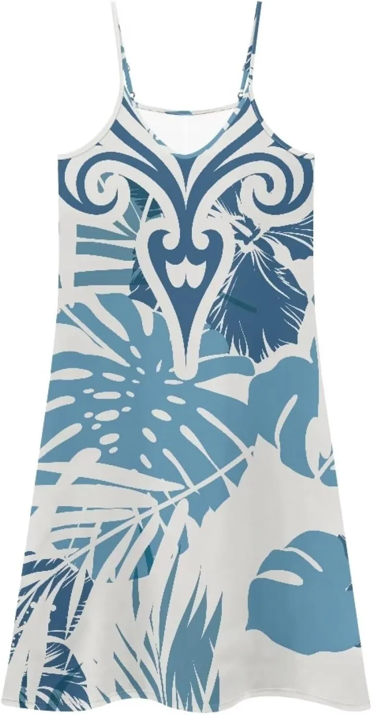 Women Polynesian Traditional Samoan Sling Hawaiian Dress Puletasi Adjustable Spaghetti Strap Casual Maxi Dresses