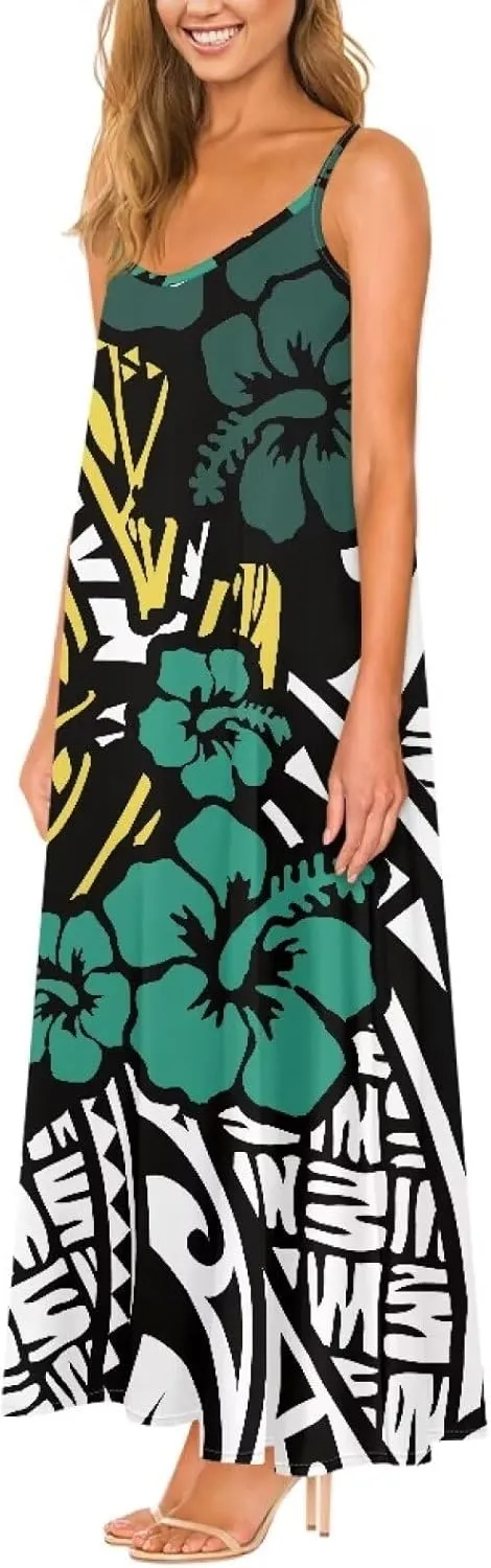 Women Polynesian Traditional Samoan Sling Hawaiian Dress Puletasi Adjustable Spaghetti Strap Casual Maxi Dresses
