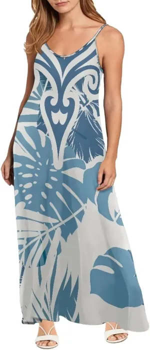 Women Polynesian Traditional Samoan Sling Hawaiian Dress Puletasi Adjustable Spaghetti Strap Casual Maxi Dresses