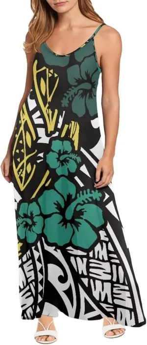 Women Polynesian Traditional Samoan Sling Hawaiian Dress Puletasi Adjustable Spaghetti Strap Casual Maxi Dresses