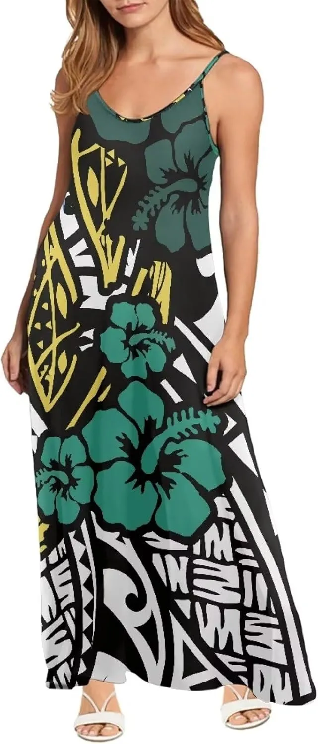 Women Polynesian Traditional Samoan Sling Hawaiian Dress Puletasi Adjustable Spaghetti Strap Casual Maxi Dresses