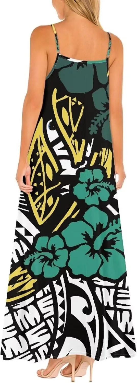 Women Polynesian Traditional Samoan Sling Hawaiian Dress Puletasi Adjustable Spaghetti Strap Casual Maxi Dresses