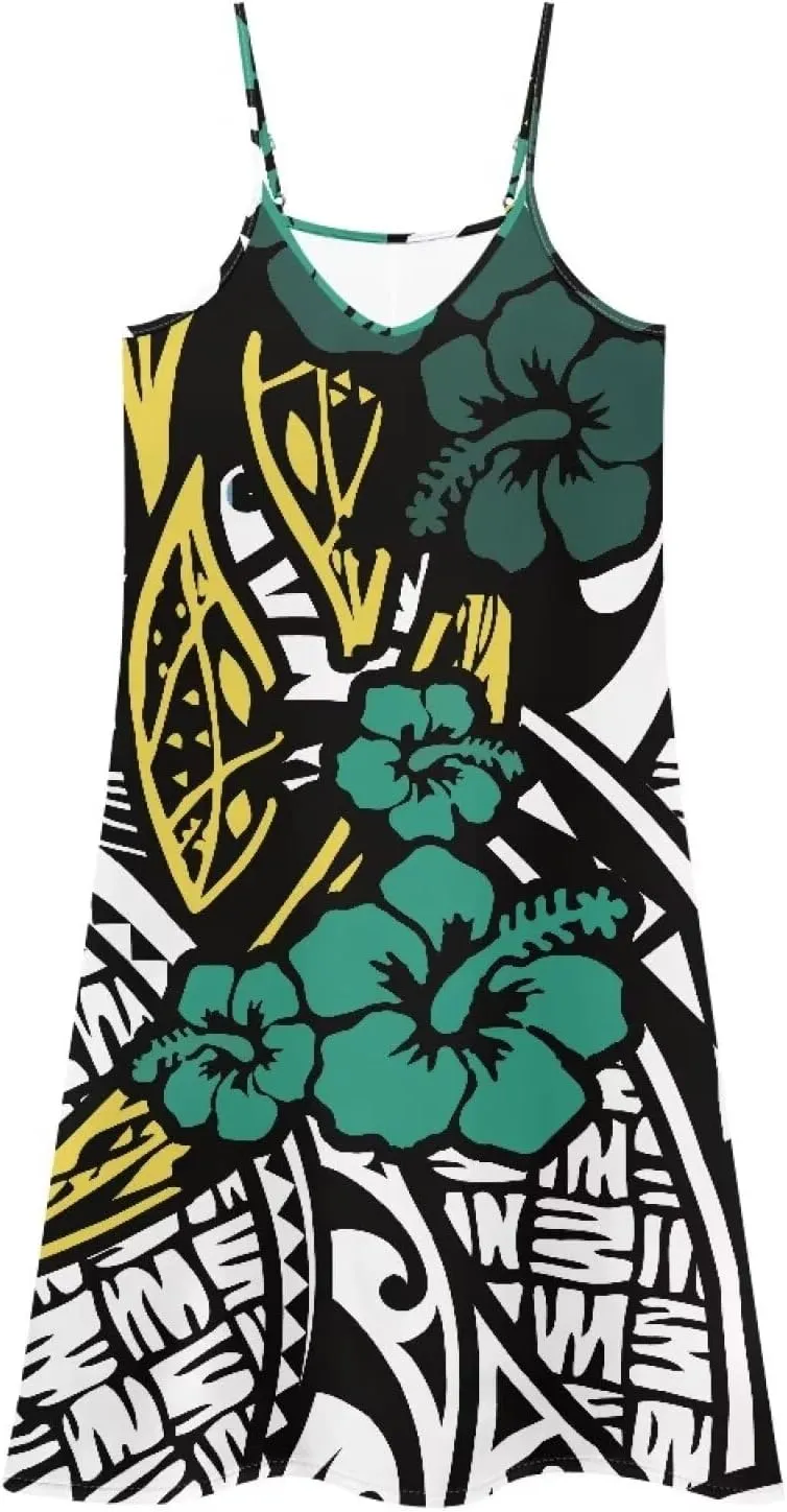 Women Polynesian Traditional Samoan Sling Hawaiian Dress Puletasi Adjustable Spaghetti Strap Casual Maxi Dresses