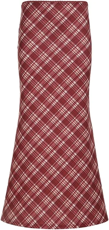 Women Red Plaid Trumpet Skirt Festival High Waist Long Skirts Vintage Maxi Skirts