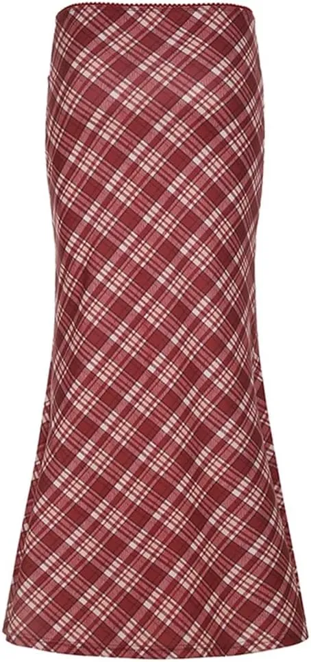 Women Red Plaid Trumpet Skirt Festival High Waist Long Skirts Vintage Maxi Skirts
