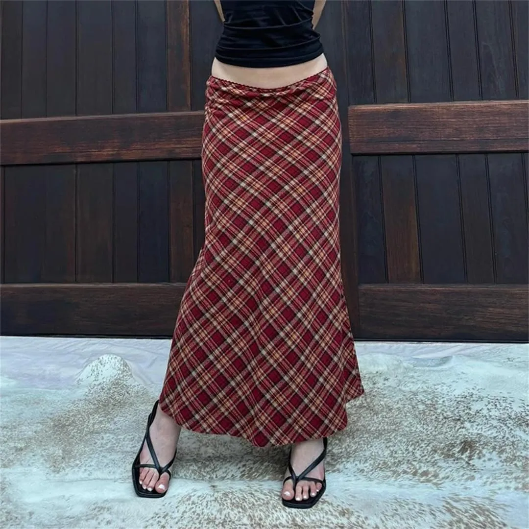 Women Red Plaid Trumpet Skirt Festival High Waist Long Skirts Vintage Maxi Skirts