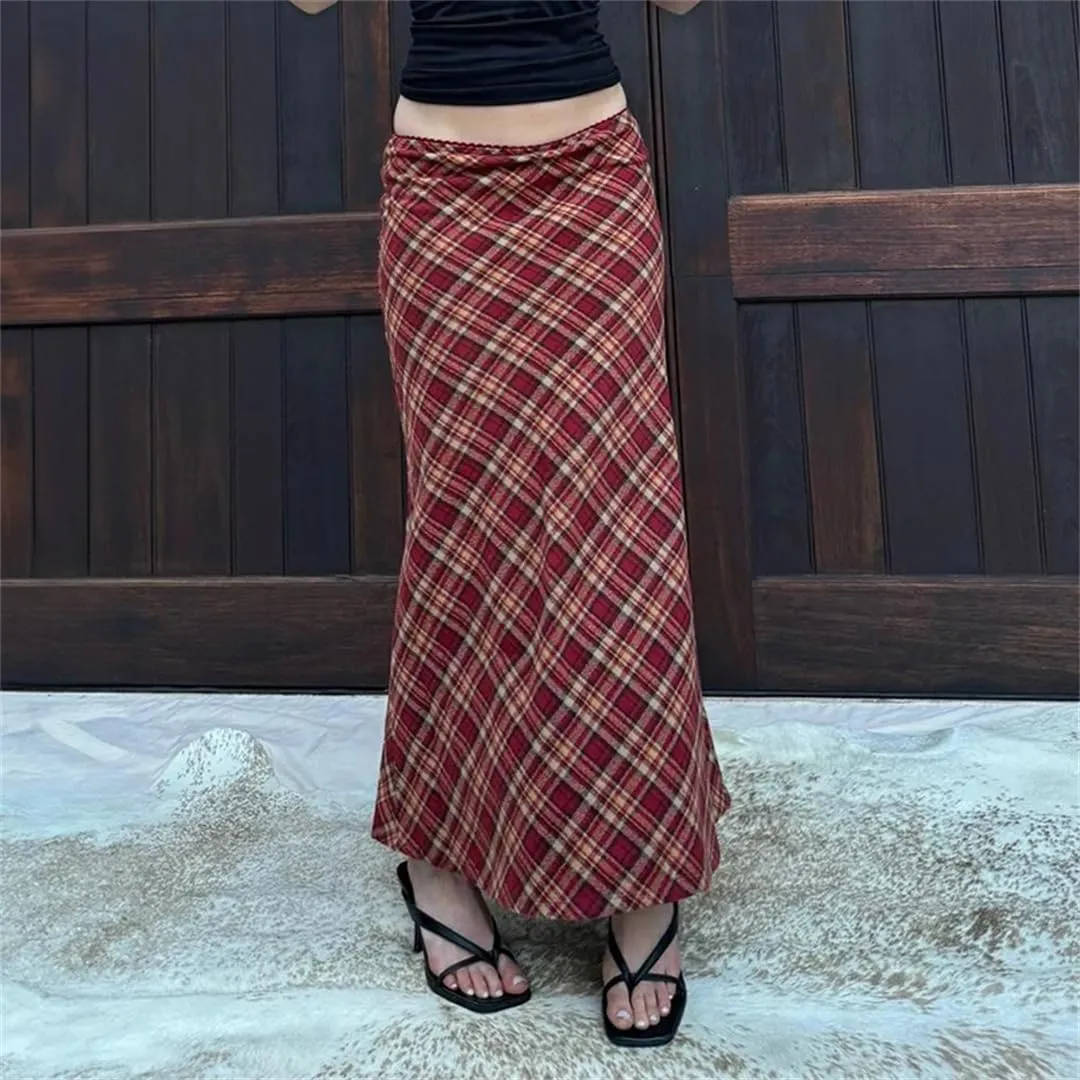 Women Red Plaid Trumpet Skirt Festival High Waist Long Skirts Vintage Maxi Skirts