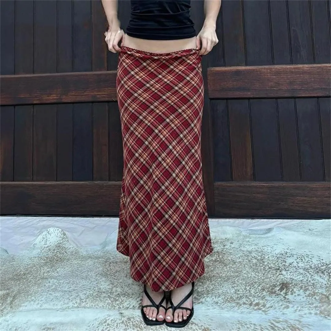 Women Red Plaid Trumpet Skirt Festival High Waist Long Skirts Vintage Maxi Skirts