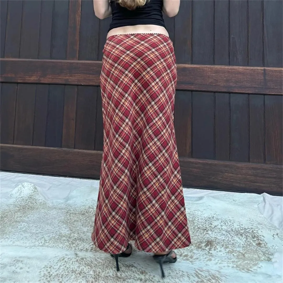 Women Red Plaid Trumpet Skirt Festival High Waist Long Skirts Vintage Maxi Skirts