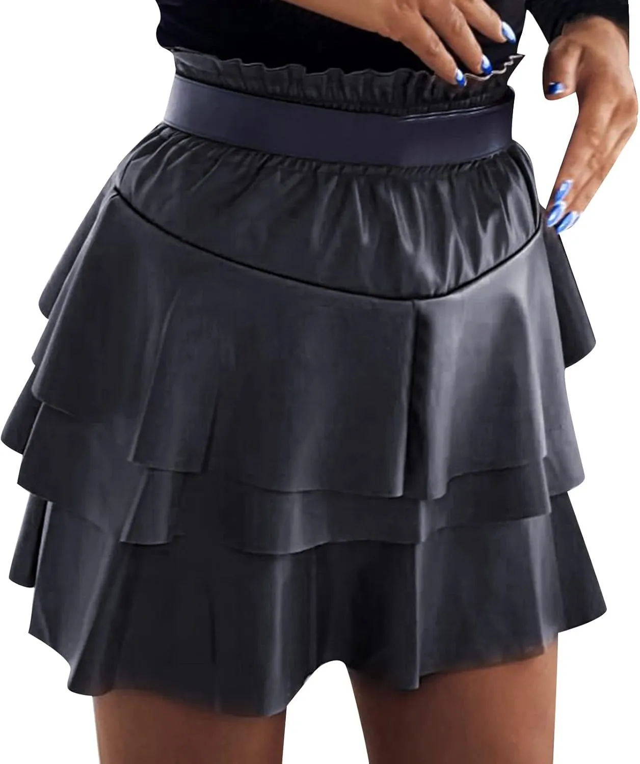 Women Sexy High Waist Faux Leather PVC Flare Skater Skirts High Waist Mini Skirt Ruffles Streetwear Pleated Skirt Clubwear