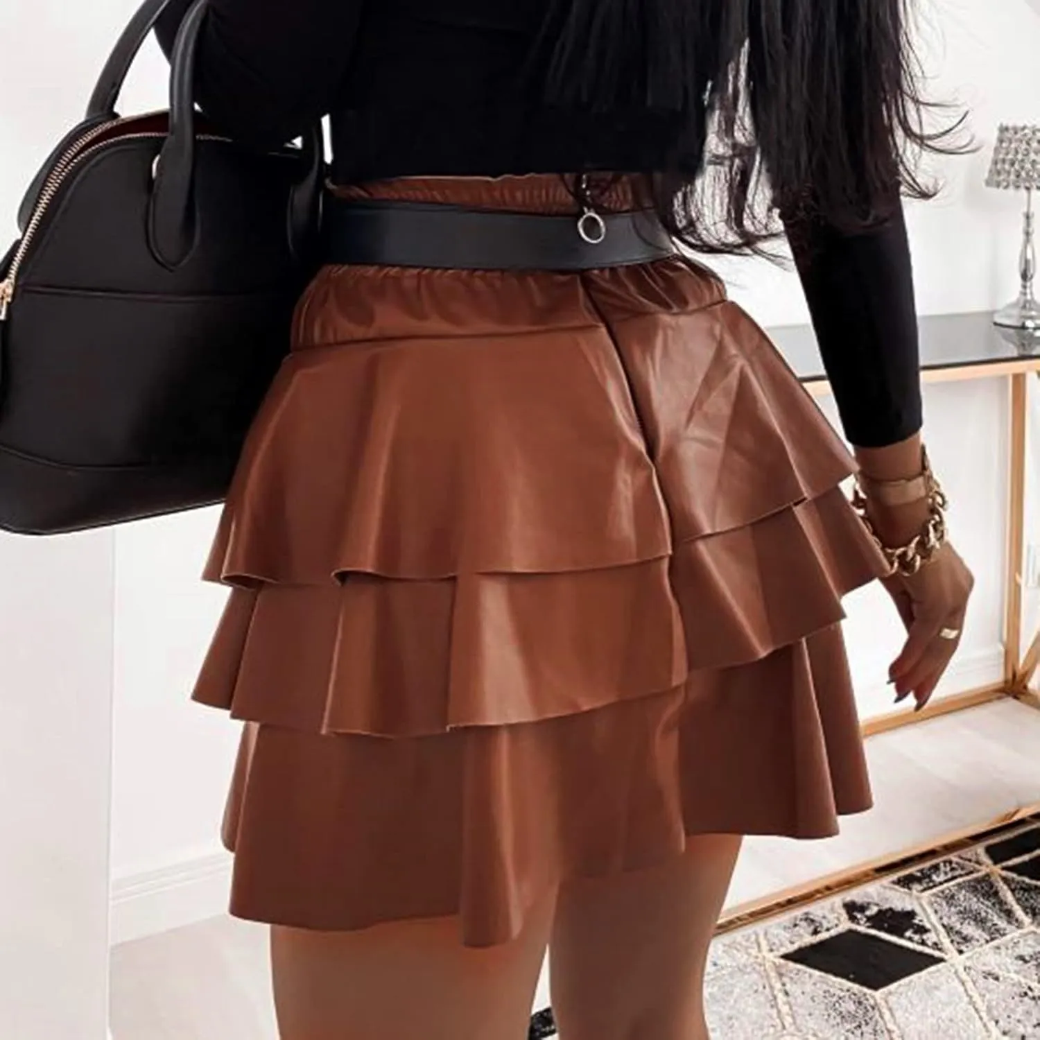 Women Sexy High Waist Faux Leather PVC Flare Skater Skirts High Waist Mini Skirt Ruffles Streetwear Pleated Skirt Clubwear