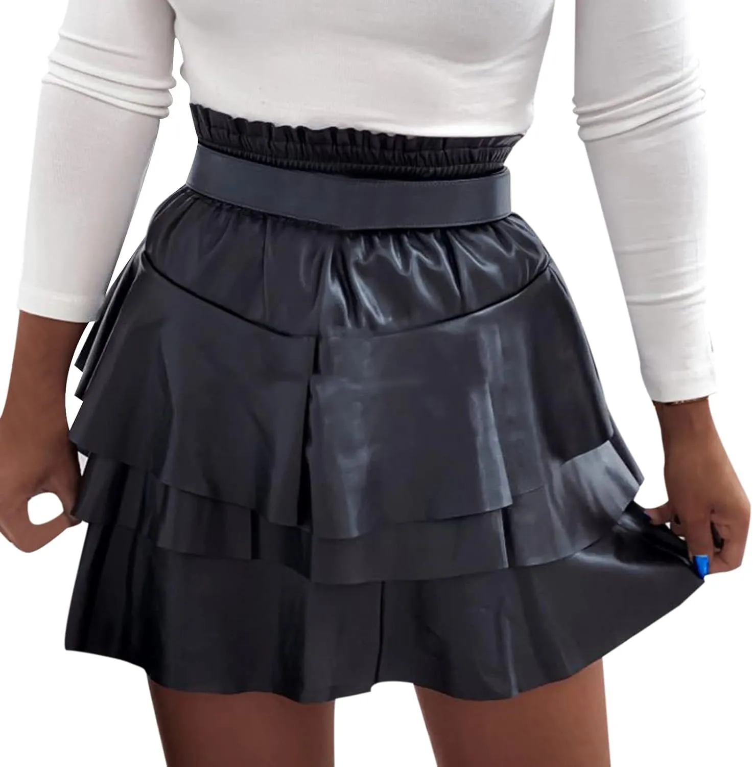 Women Sexy High Waist Faux Leather PVC Flare Skater Skirts High Waist Mini Skirt Ruffles Streetwear Pleated Skirt Clubwear