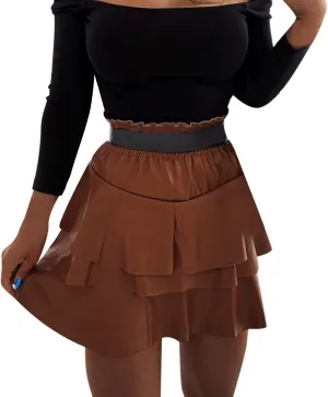Women Sexy High Waist Faux Leather PVC Flare Skater Skirts High Waist Mini Skirt Ruffles Streetwear Pleated Skirt Clubwear