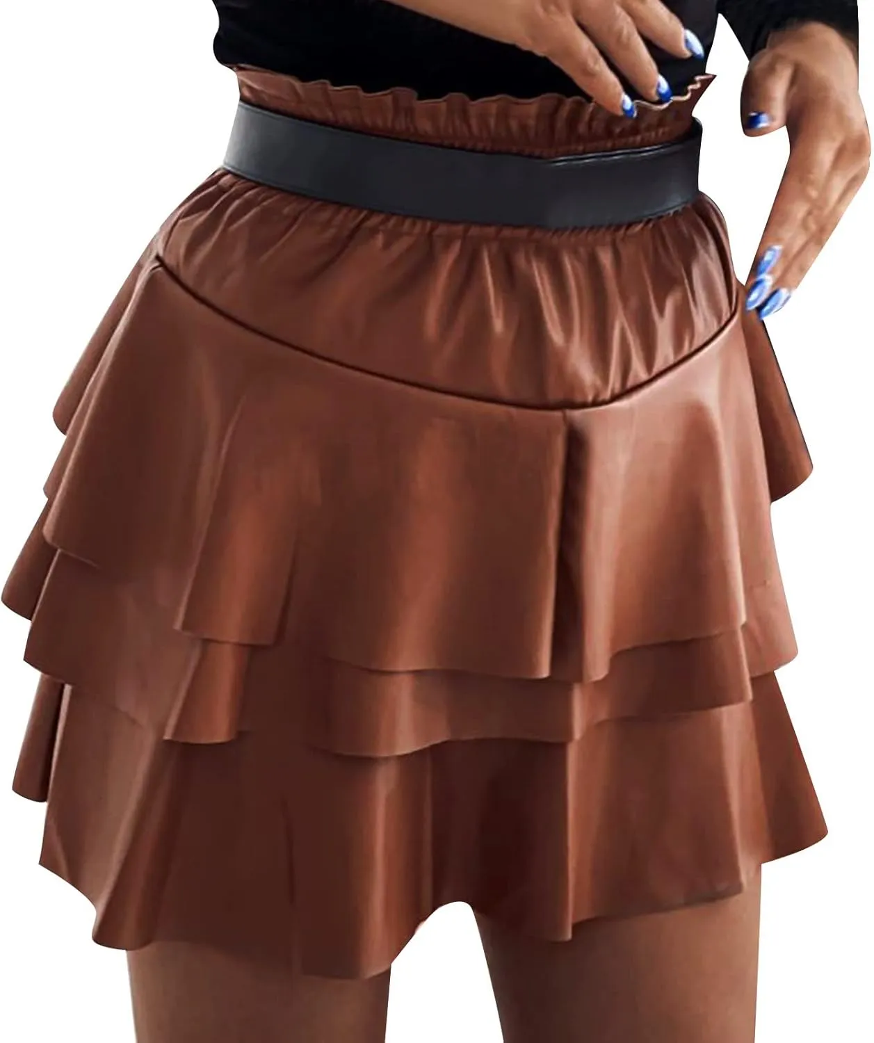 Women Sexy High Waist Faux Leather PVC Flare Skater Skirts High Waist Mini Skirt Ruffles Streetwear Pleated Skirt Clubwear