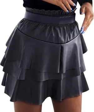 Women Sexy High Waist Faux Leather PVC Flare Skater Skirts High Waist Mini Skirt Ruffles Streetwear Pleated Skirt Clubwear