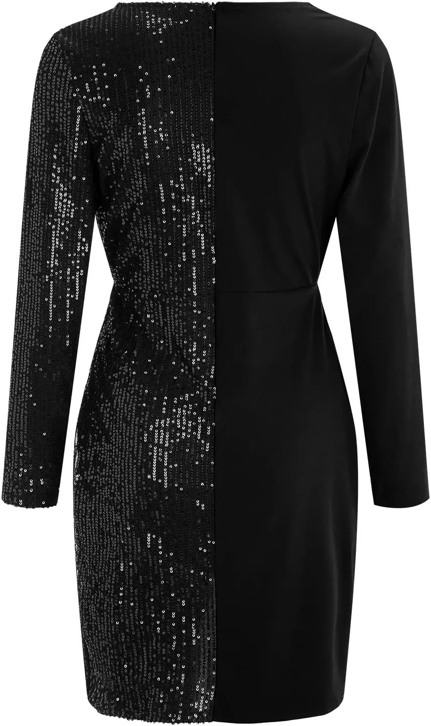 Women Sexy Sequin Dresses V Neck Mesh Long Sleeve Bodycon Dress 2023 Trendy Party Night Out Club Midi Dresses