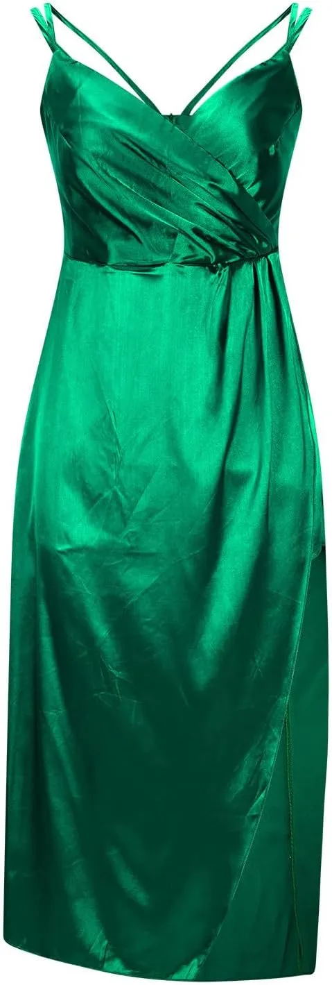 Women Sexy Spaghetti Strap Flowy Long Dress, V-Neck Slim Fit Side Split Irregular Hem Party Gown Elegant Prom Dresses