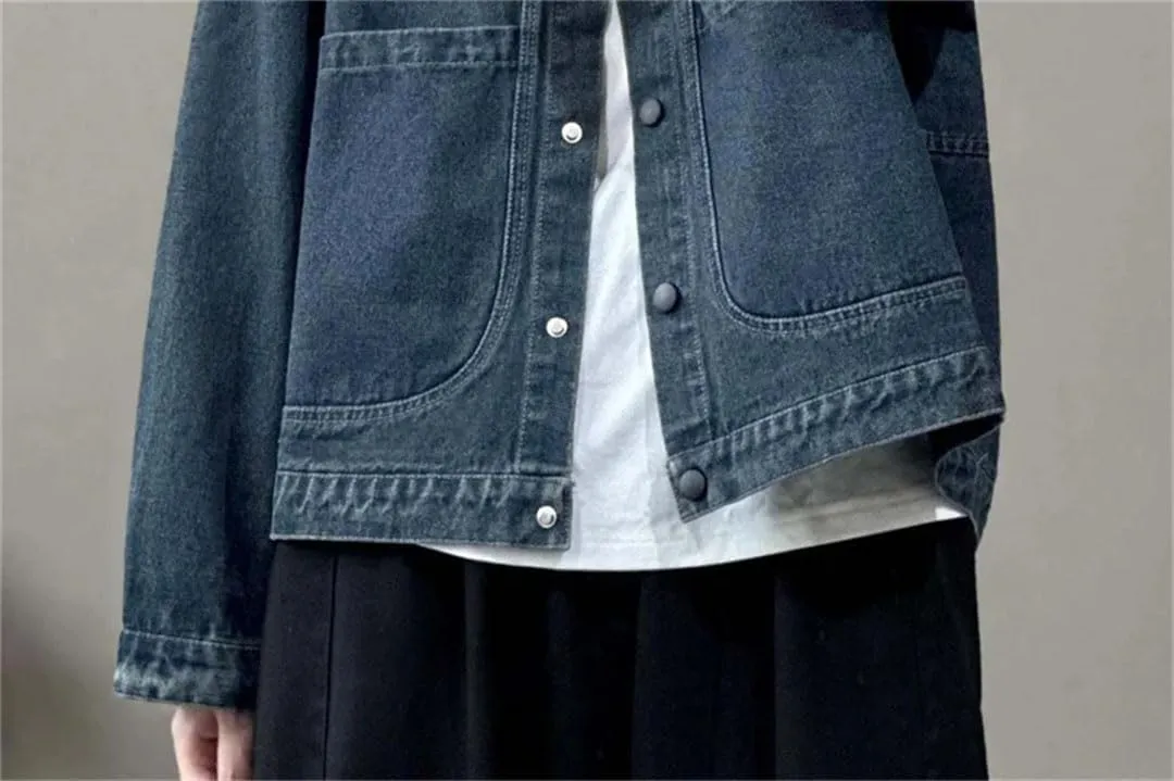 Women Short Lapel Denim Jacket Female Korean Loose Retro Denim Large Pocket Top Coat