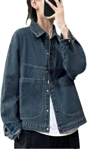 Women Short Lapel Denim Jacket Female Korean Loose Retro Denim Large Pocket Top Coat