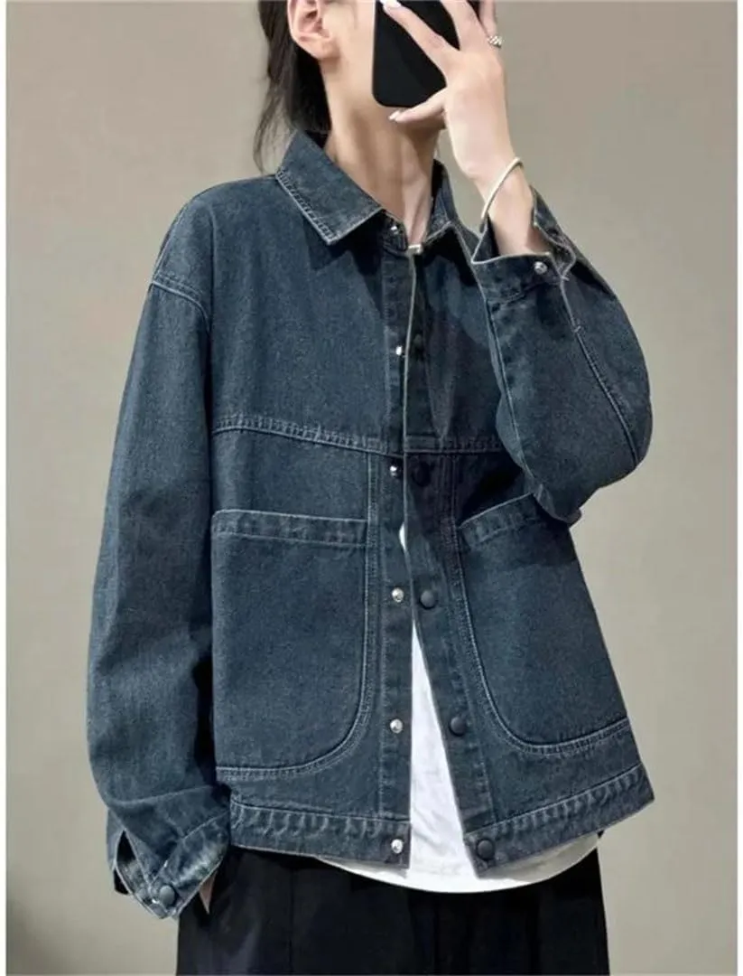 Women Short Lapel Denim Jacket Female Korean Loose Retro Denim Large Pocket Top Coat