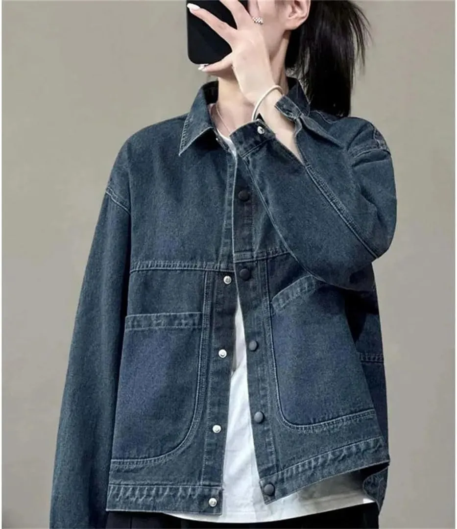 Women Short Lapel Denim Jacket Female Korean Loose Retro Denim Large Pocket Top Coat