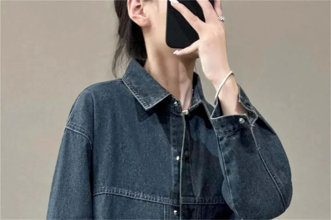 Women Short Lapel Denim Jacket Female Korean Loose Retro Denim Large Pocket Top Coat