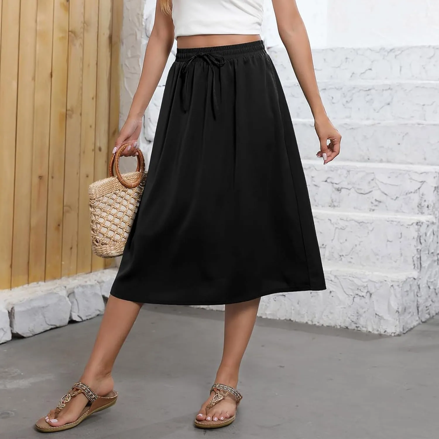 Women Skirts Summer Midi Skirt Drawstring High Waist Knee Length Skirts Ruffle A Line Fashion Skirt with Pockets