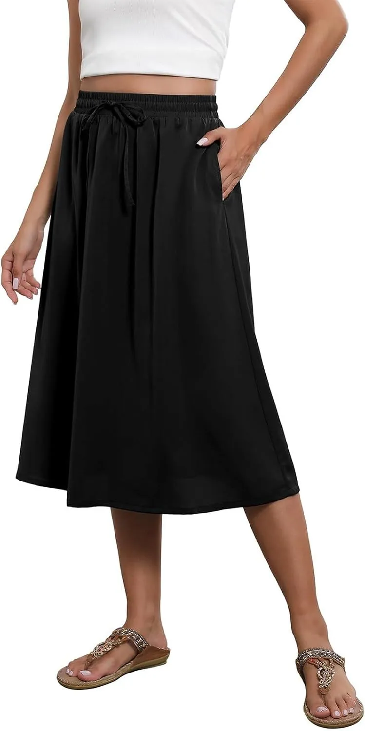 Women Skirts Summer Midi Skirt Drawstring High Waist Knee Length Skirts Ruffle A Line Fashion Skirt with Pockets