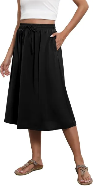 Women Skirts Summer Midi Skirt Drawstring High Waist Knee Length Skirts Ruffle A Line Fashion Skirt with Pockets