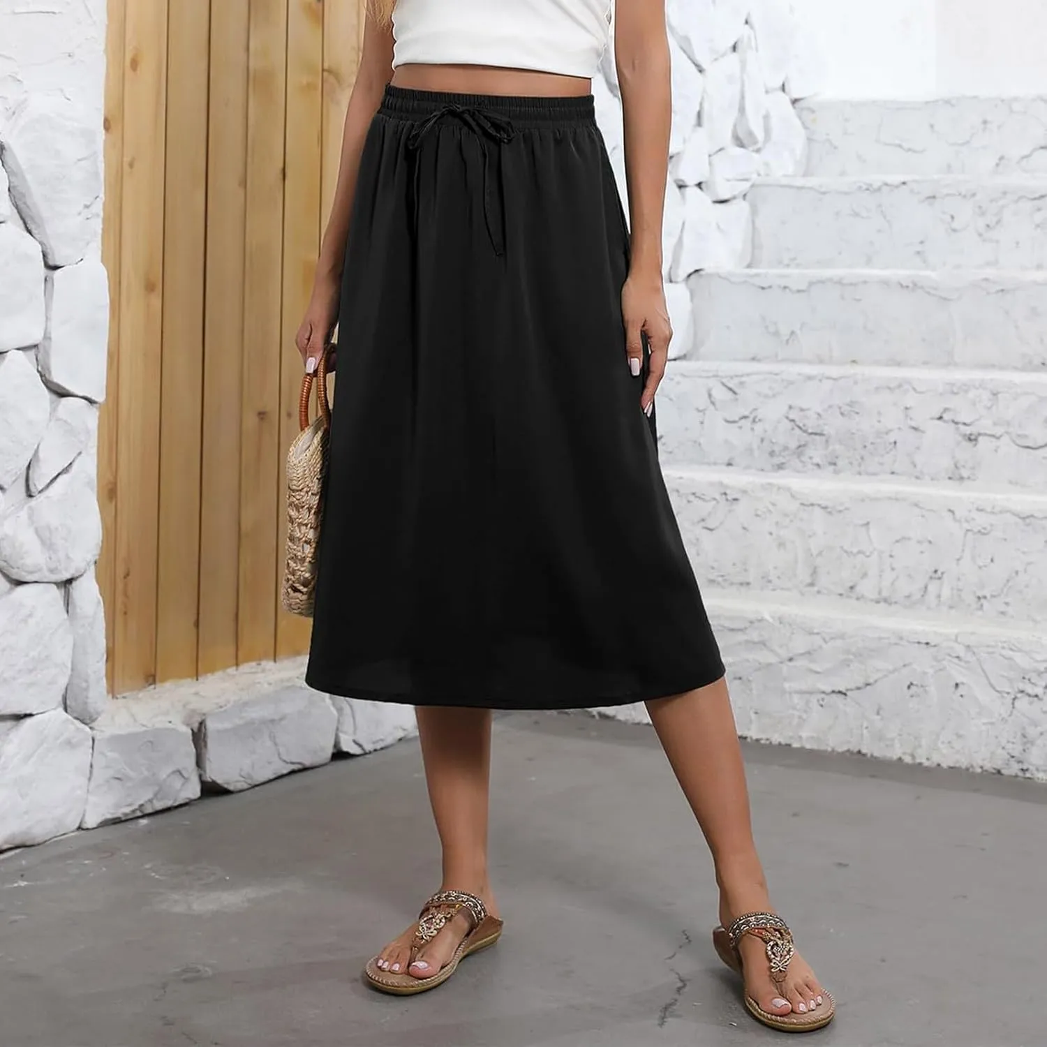 Women Skirts Summer Midi Skirt Drawstring High Waist Knee Length Skirts Ruffle A Line Fashion Skirt with Pockets
