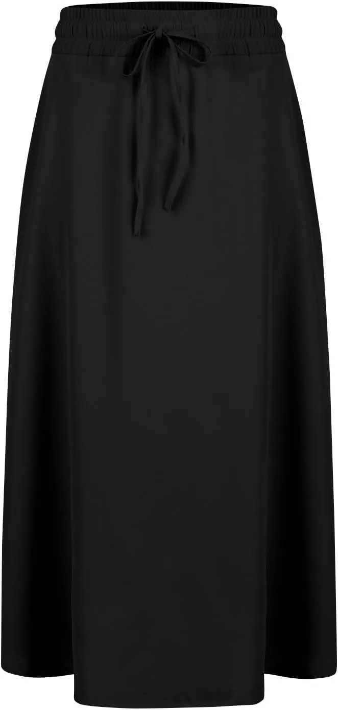 Women Skirts Summer Midi Skirt Drawstring High Waist Knee Length Skirts Ruffle A Line Fashion Skirt with Pockets