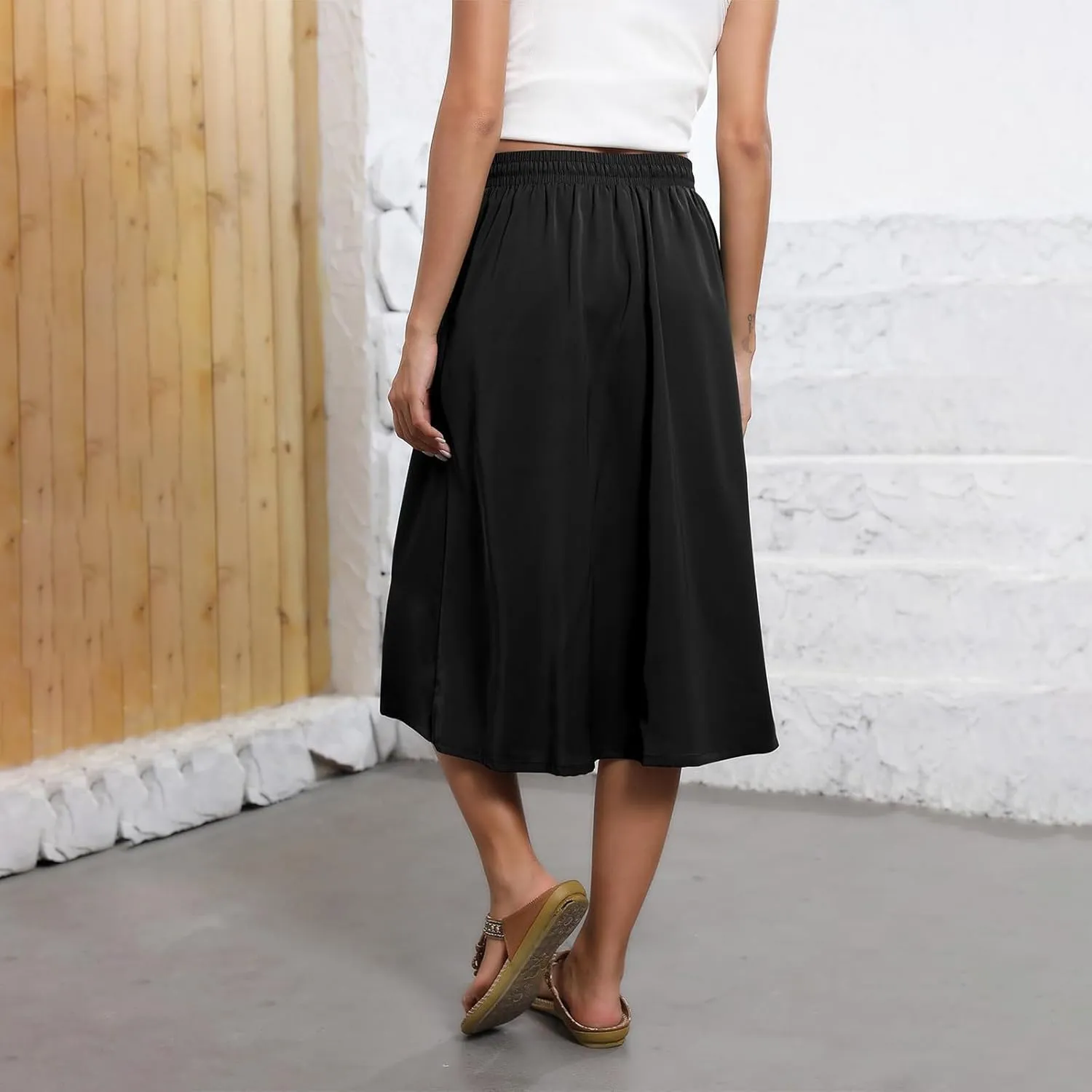 Women Skirts Summer Midi Skirt Drawstring High Waist Knee Length Skirts Ruffle A Line Fashion Skirt with Pockets