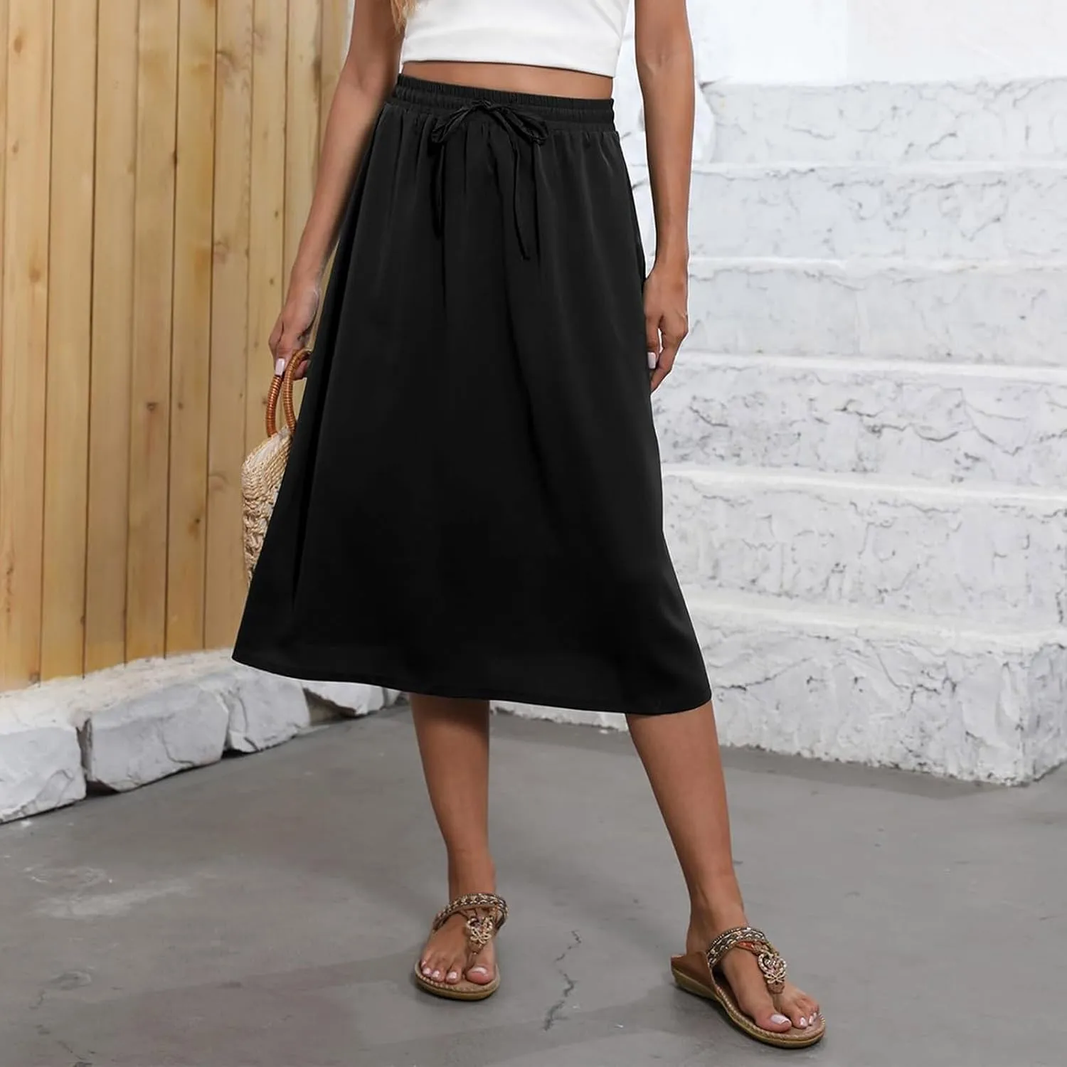 Women Skirts Summer Midi Skirt Drawstring High Waist Knee Length Skirts Ruffle A Line Fashion Skirt with Pockets
