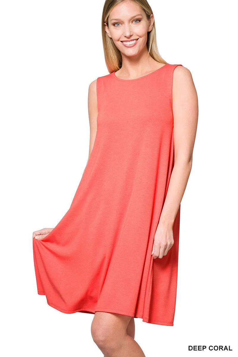 Women Sleeveless Jersey Flared Swing Tank Dress with Side Pockets