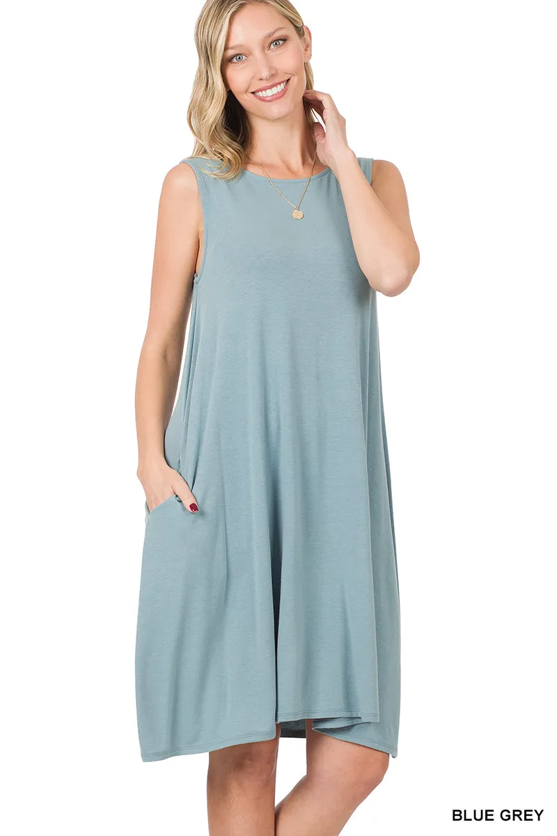 Women Sleeveless Jersey Flared Swing Tank Dress with Side Pockets