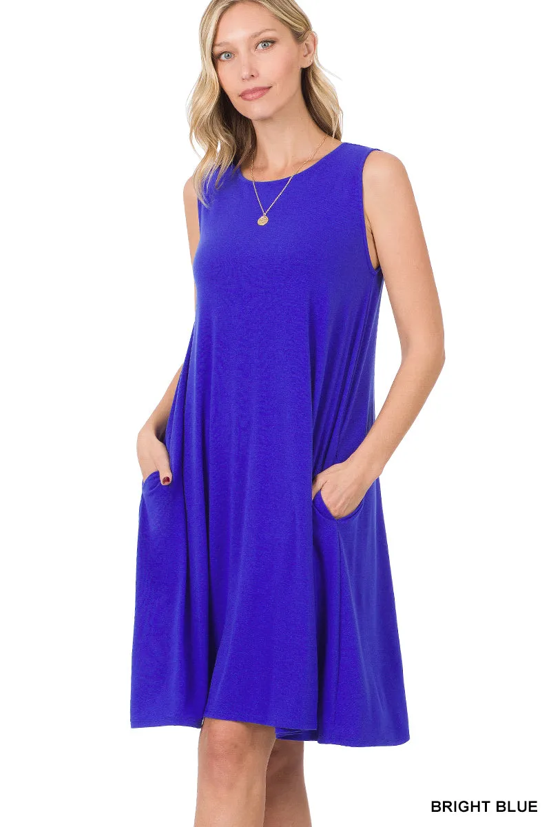 Women Sleeveless Jersey Flared Swing Tank Dress with Side Pockets